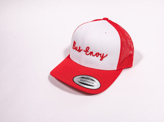 Snap Back Trucker Cap. Red/White. Red 3D logo.