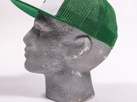 Snap Back Trucker Cap. Green/White. BE logo.