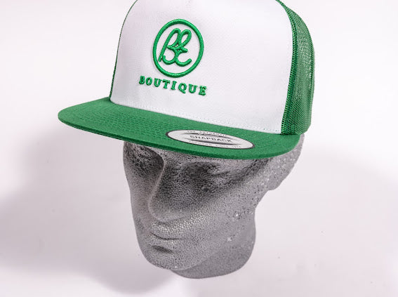 Snap Back Trucker Cap. Green/White. BE logo.