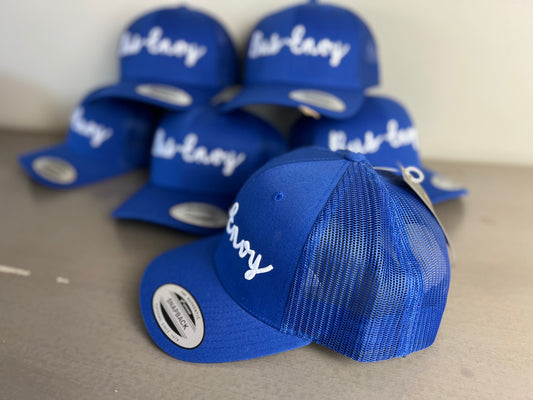 Snap Back Trucker Cap. Royal Blue/ white. 3D logo.