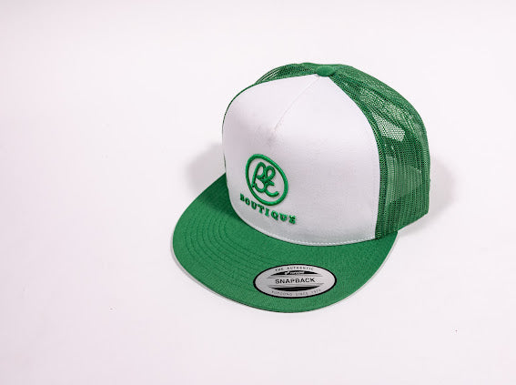 Snap Back Trucker Cap. Green/White. BE logo.