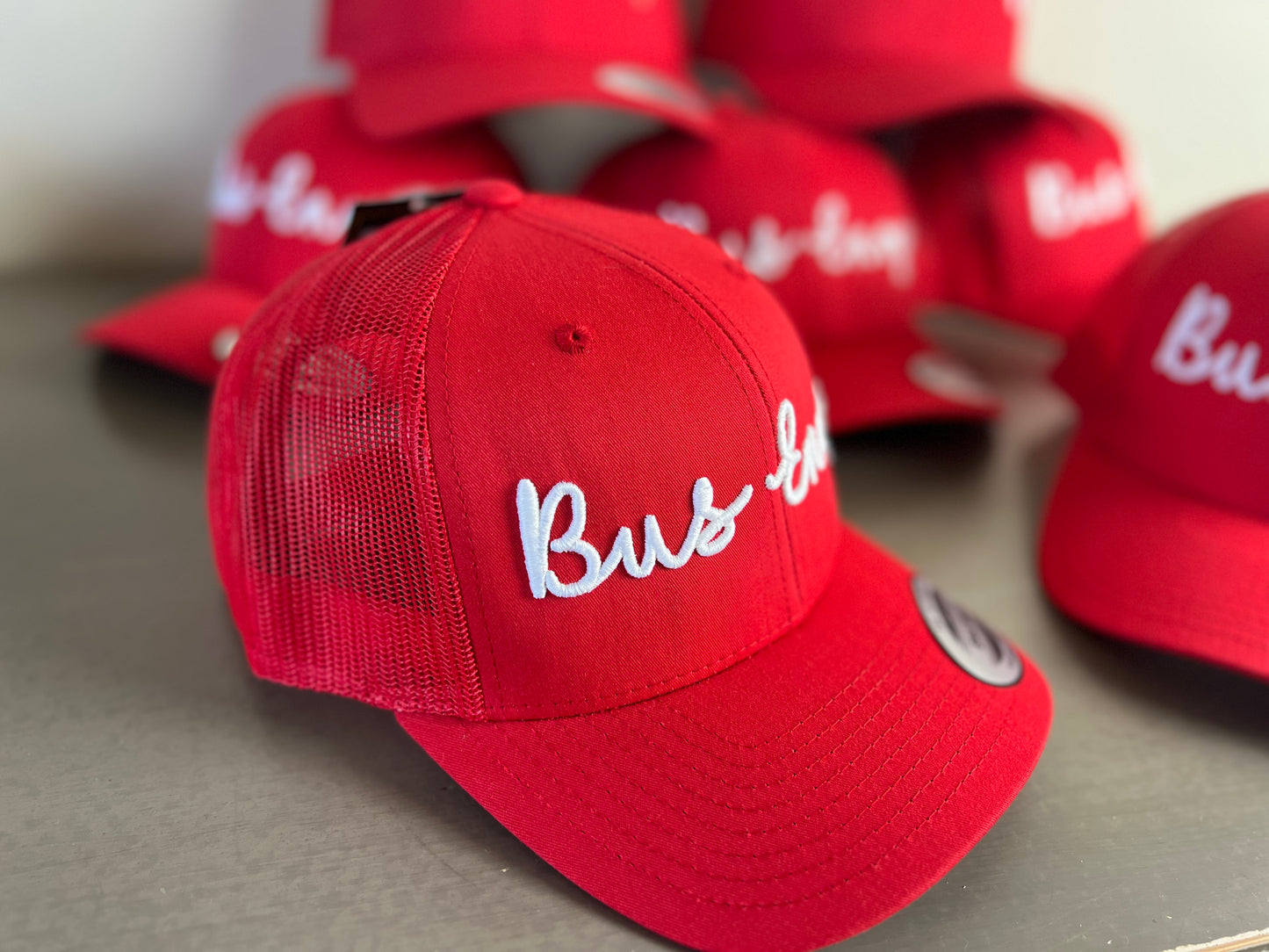 Snap Back Trucker Cap. Red / White. 3D logo.