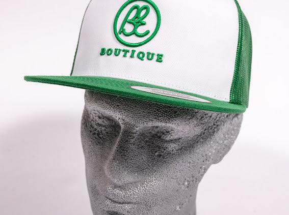 Snap Back Trucker Cap. Green/White. BE logo.