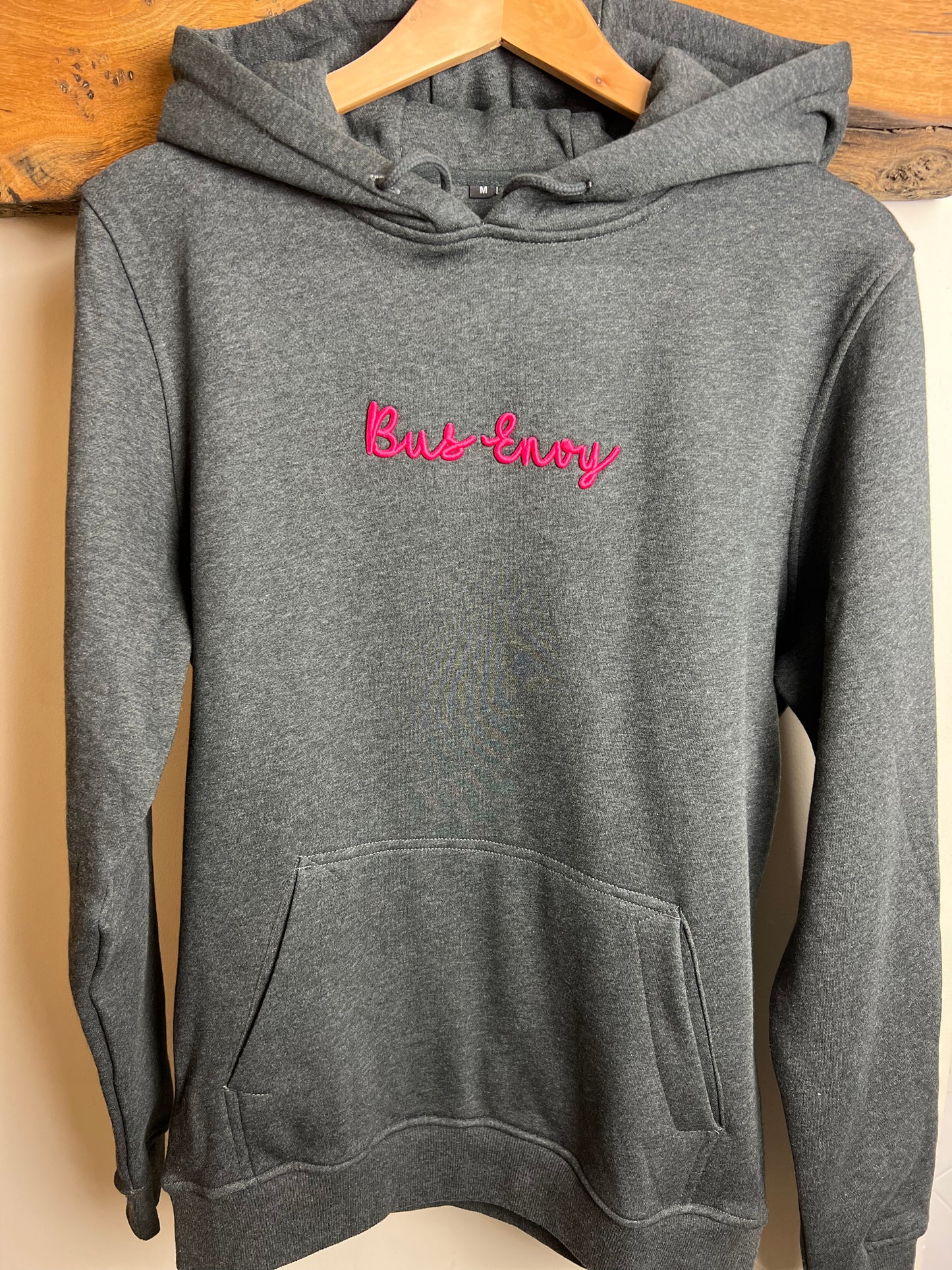 OG embroidered hoodie. 3D Bus Envy logo. Charcoal grey / Neon pink