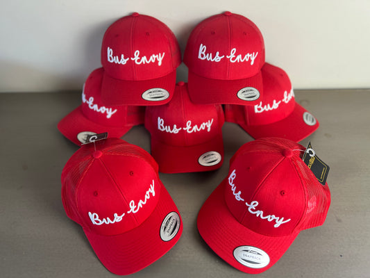 Snap Back Trucker Cap. Red / White. 3D logo.